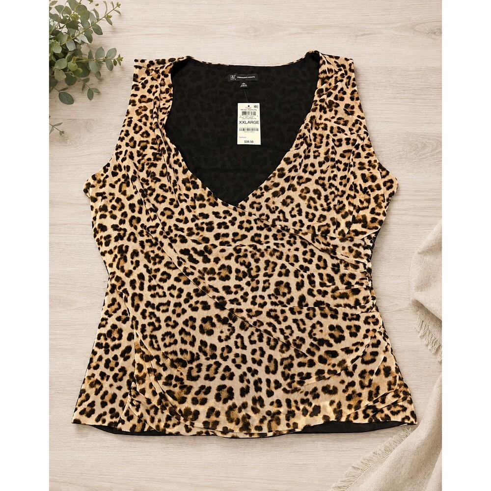 INC International Concepts Womens XXL Cheetah Mesh Crossover V Neck Top NWT